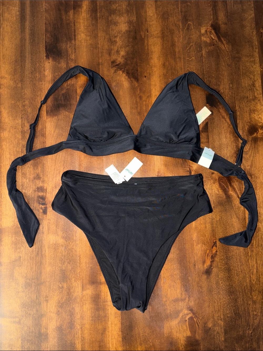 aerie Black Tie Back Triangle w High Waist Cheeky Bikini Swimsuit NWT Medium